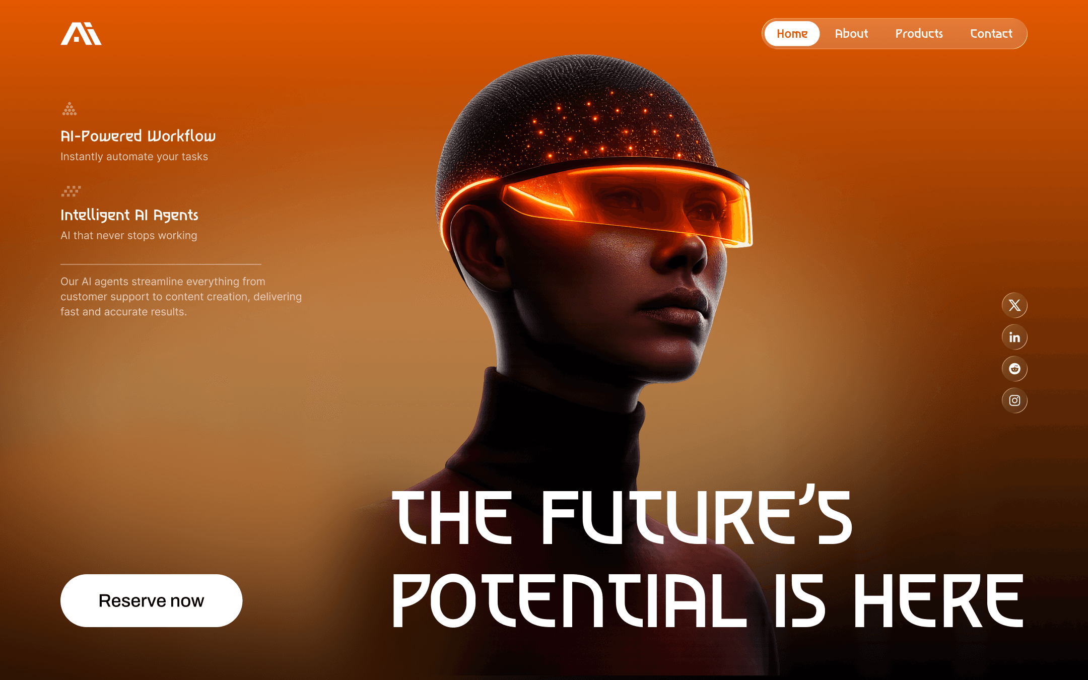 AI agent landing page hero with a figure wearing a glowing visor and large display type