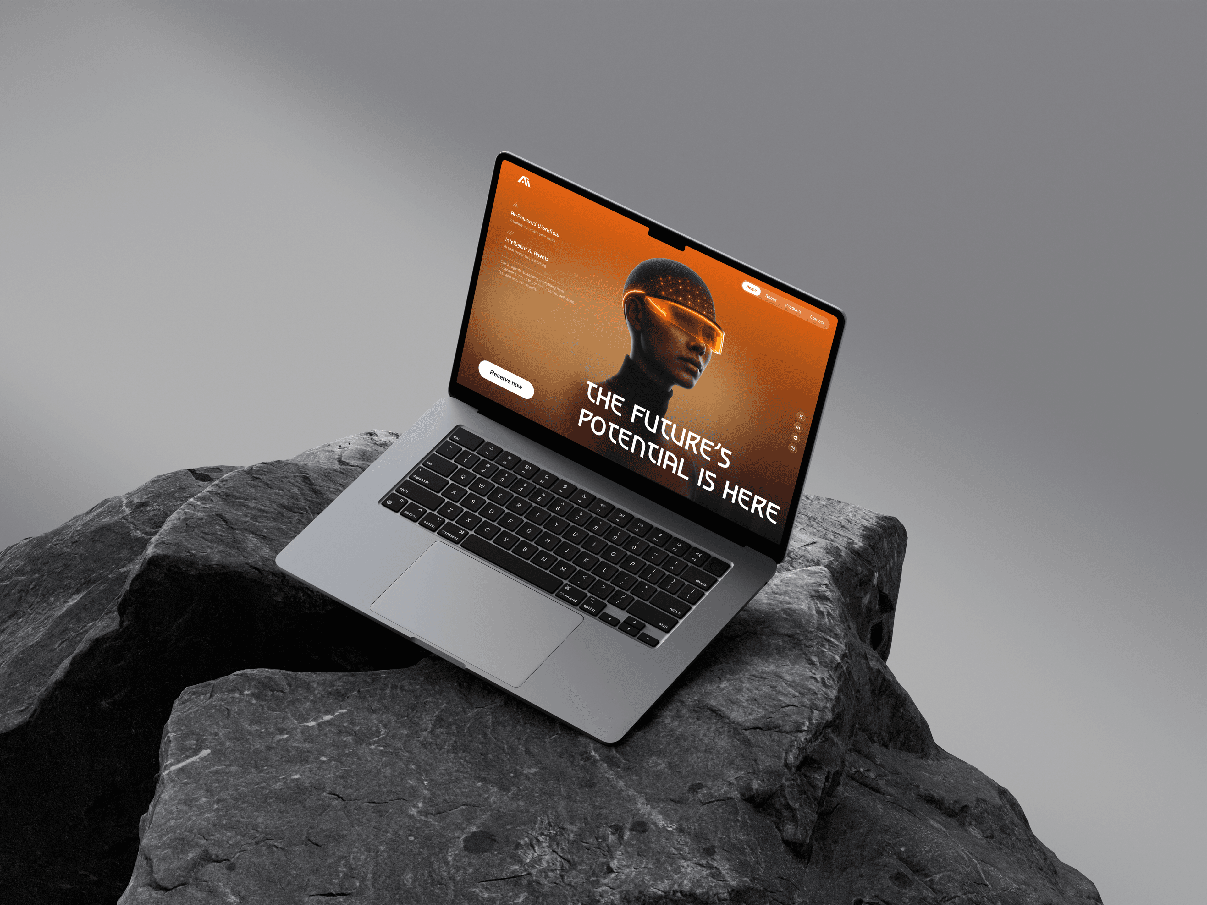 AI agent landing page hero shown on a laptop resting on dark rock