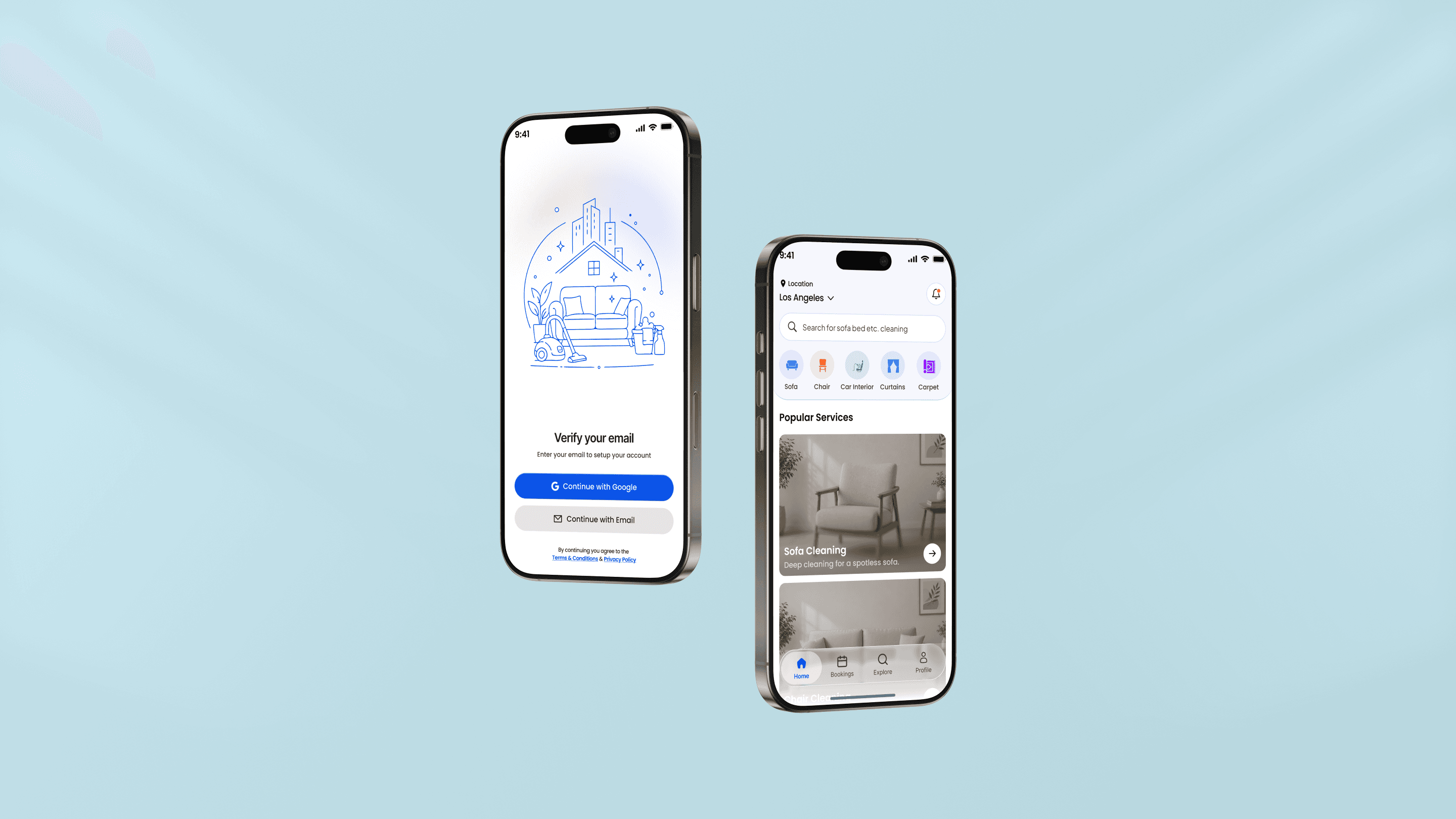 Cleaning services booking app — onboarding and home screens