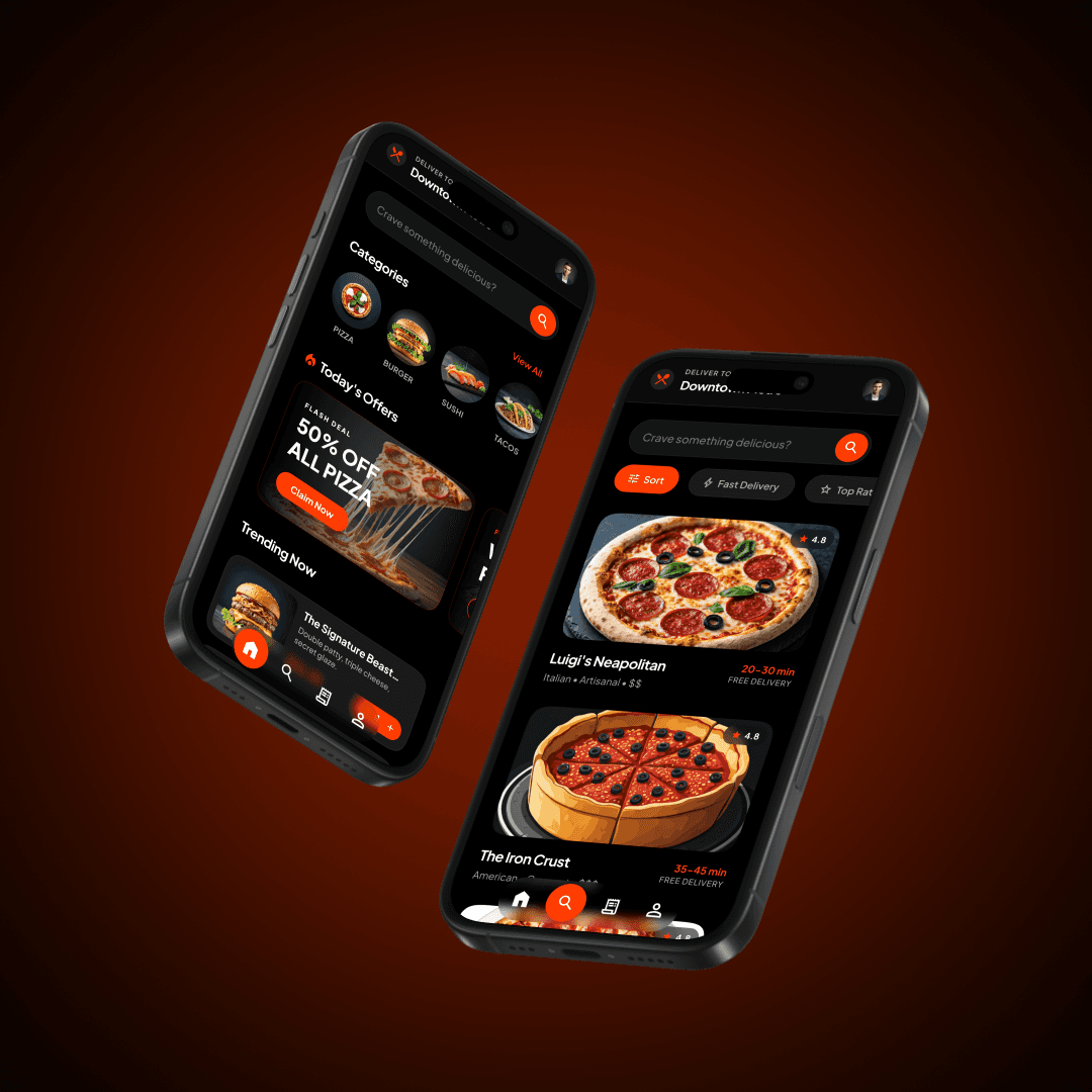 Crave food delivery app — home and restaurant list screens in dark mode