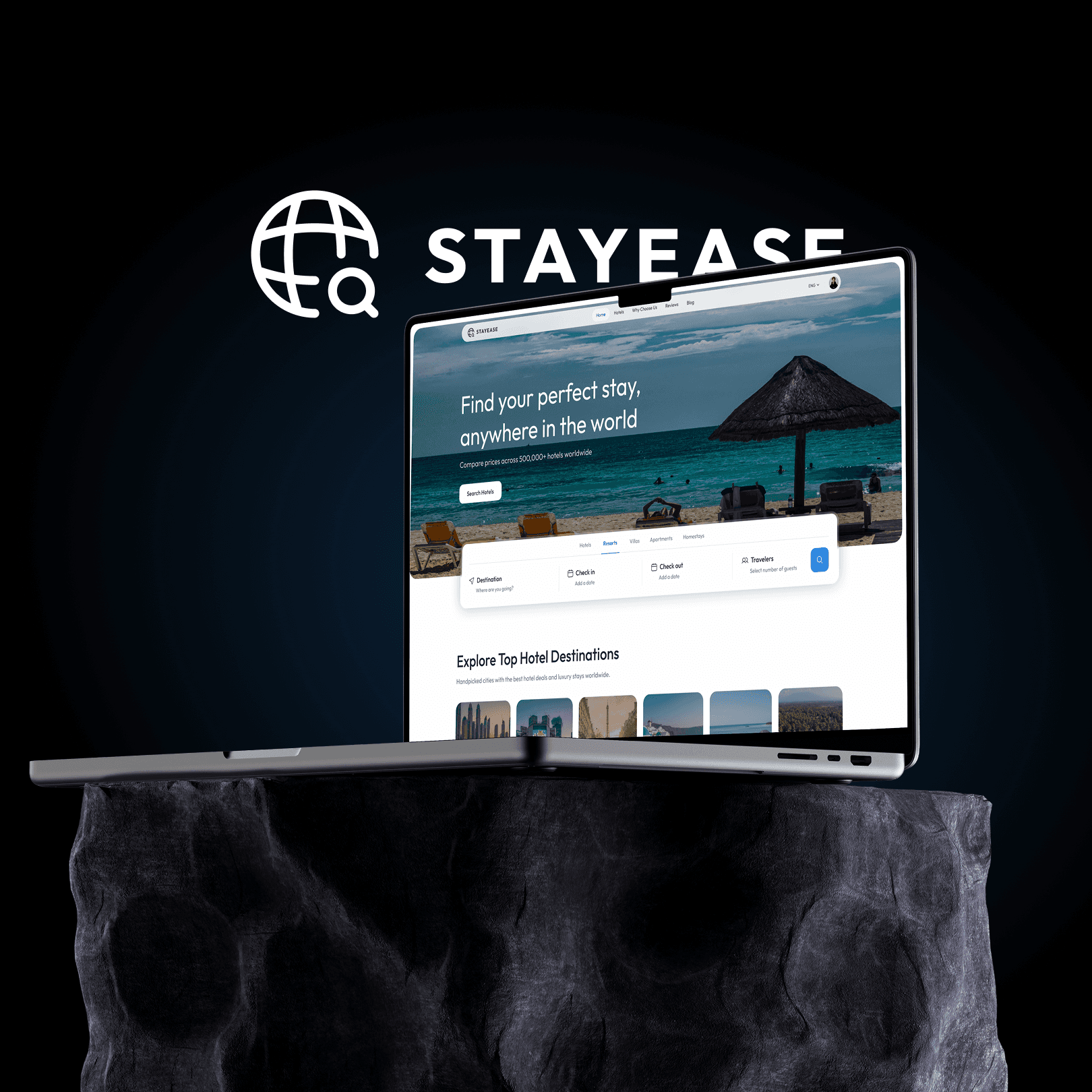 StayEase hotel booking website shown on a laptop with the brand logo