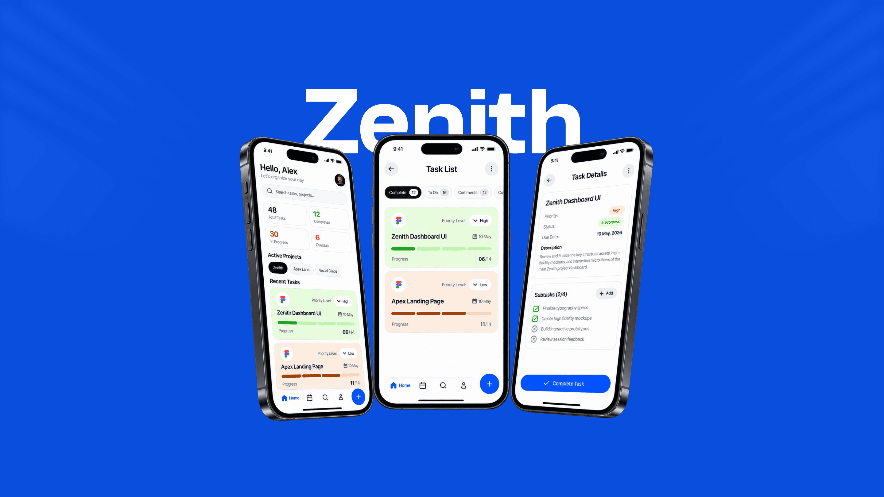 Zenith task management app — dashboard, task list and task detail screens