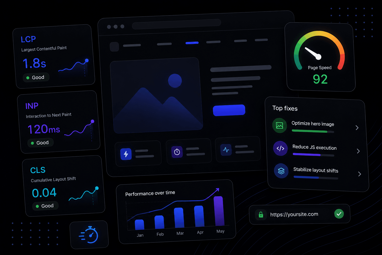 Isometric illustration of Core Web Vitals on a dark background: LCP, INP and CLS score cards, a page speed gauge at 92, a performance-over-time chart, and a list of top fixes