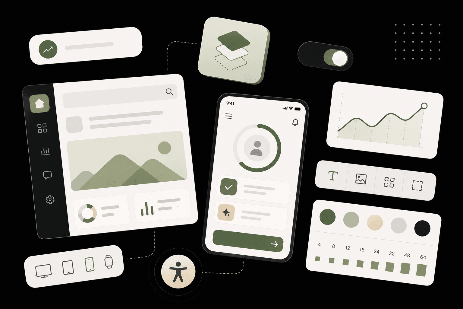 Isometric illustration of UI/UX design system elements on a dark background: a dashboard, a mobile app screen, an accessibility icon, a colour and spacing scale, and editing tools