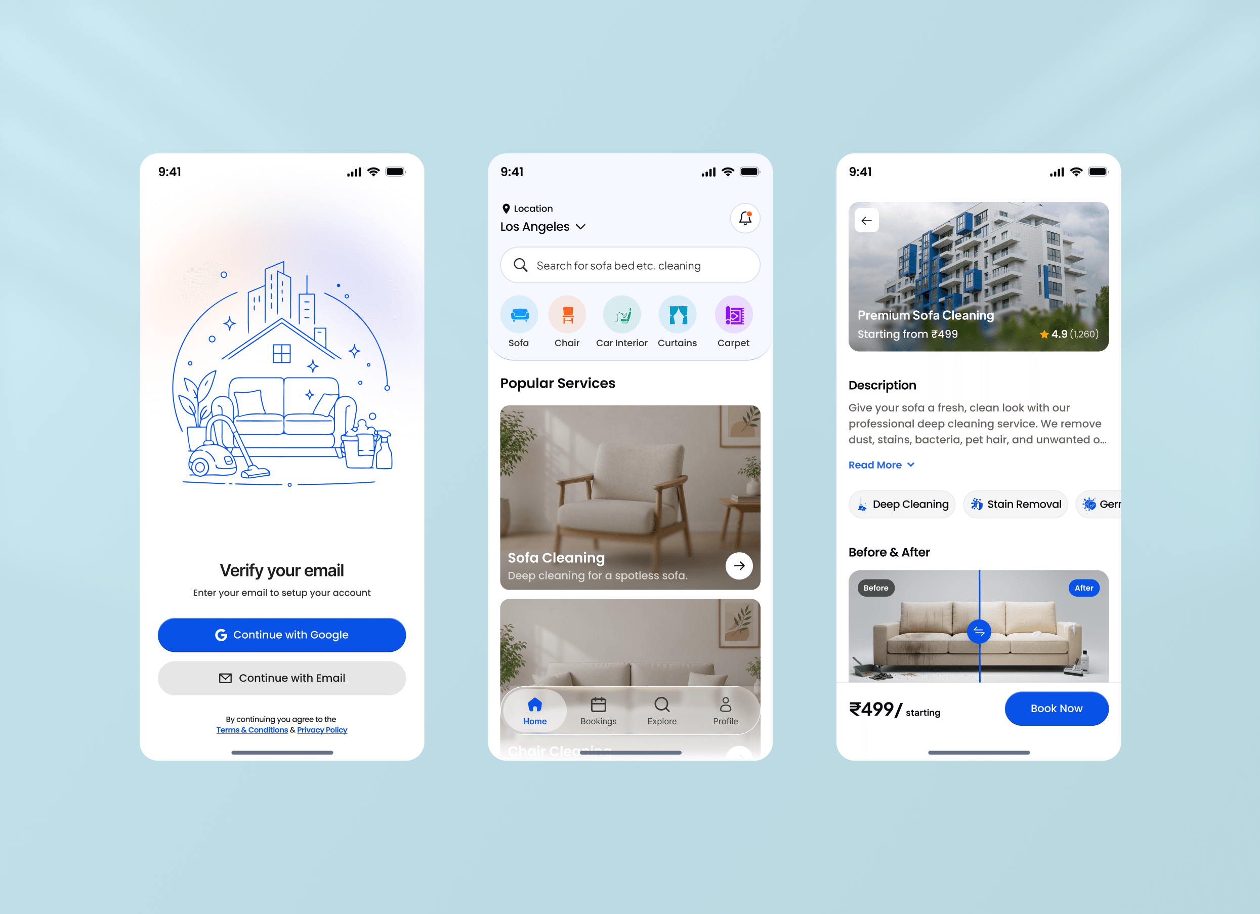 Cleaning app onboarding, home and service detail screens shown together