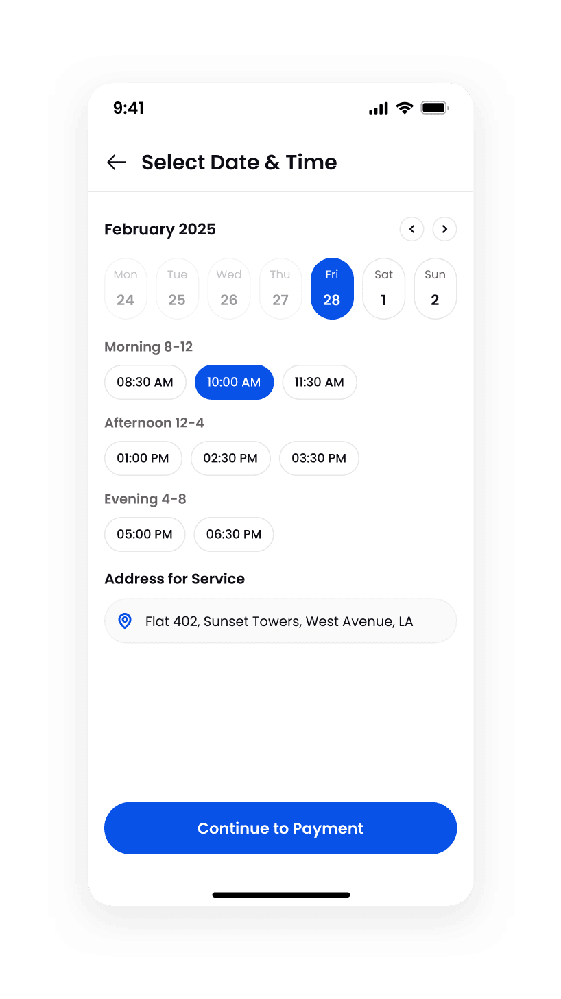 Cleaning app date and time picker with a week strip, morning, afternoon and evening slot groups and the saved service address
