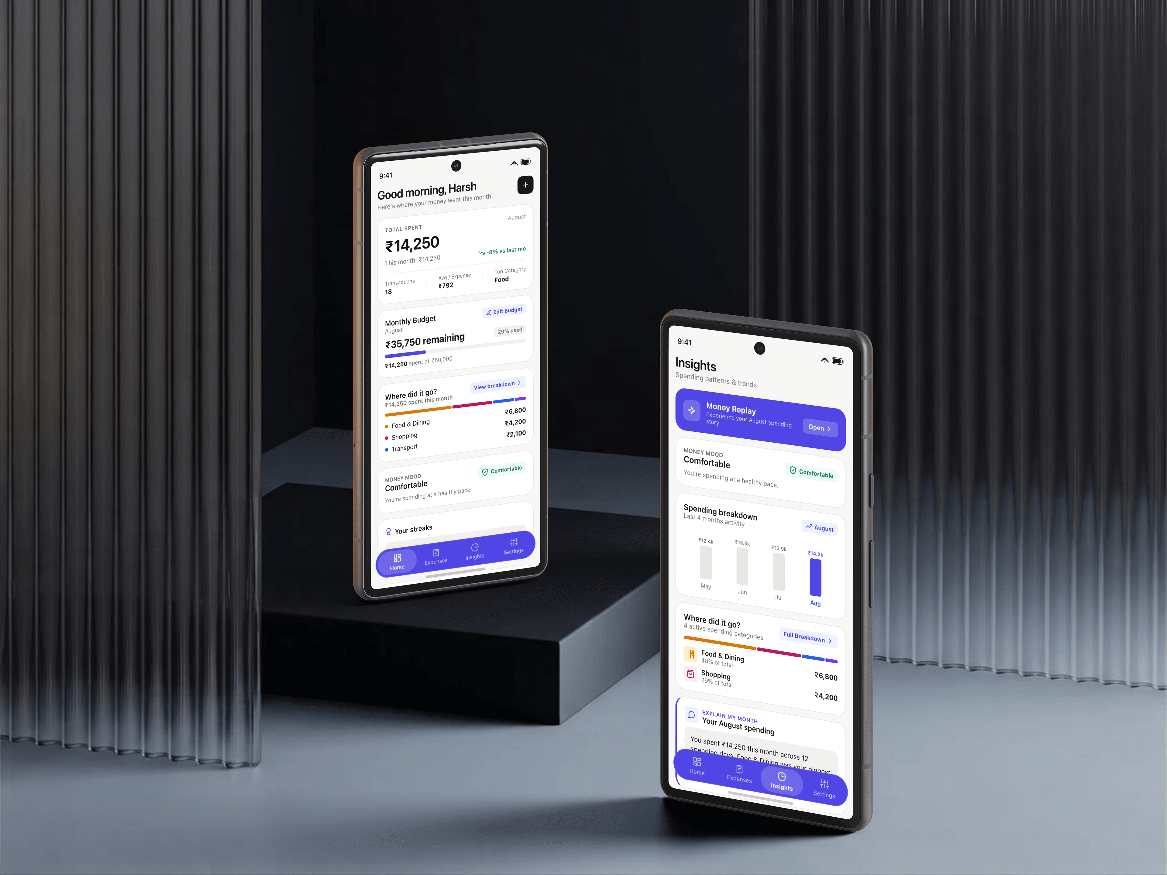 Expenza mobile expense tracker app dashboard and interaction screens
