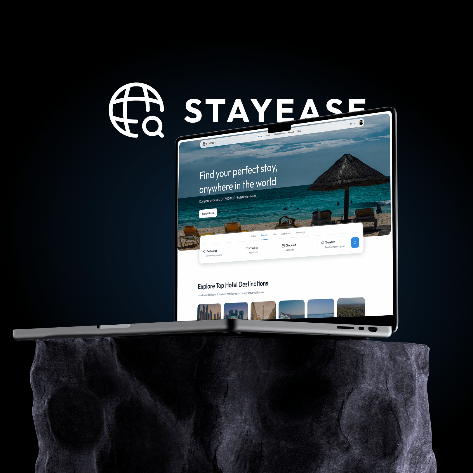 StayEase hotel booking website shown on a laptop with the brand logo