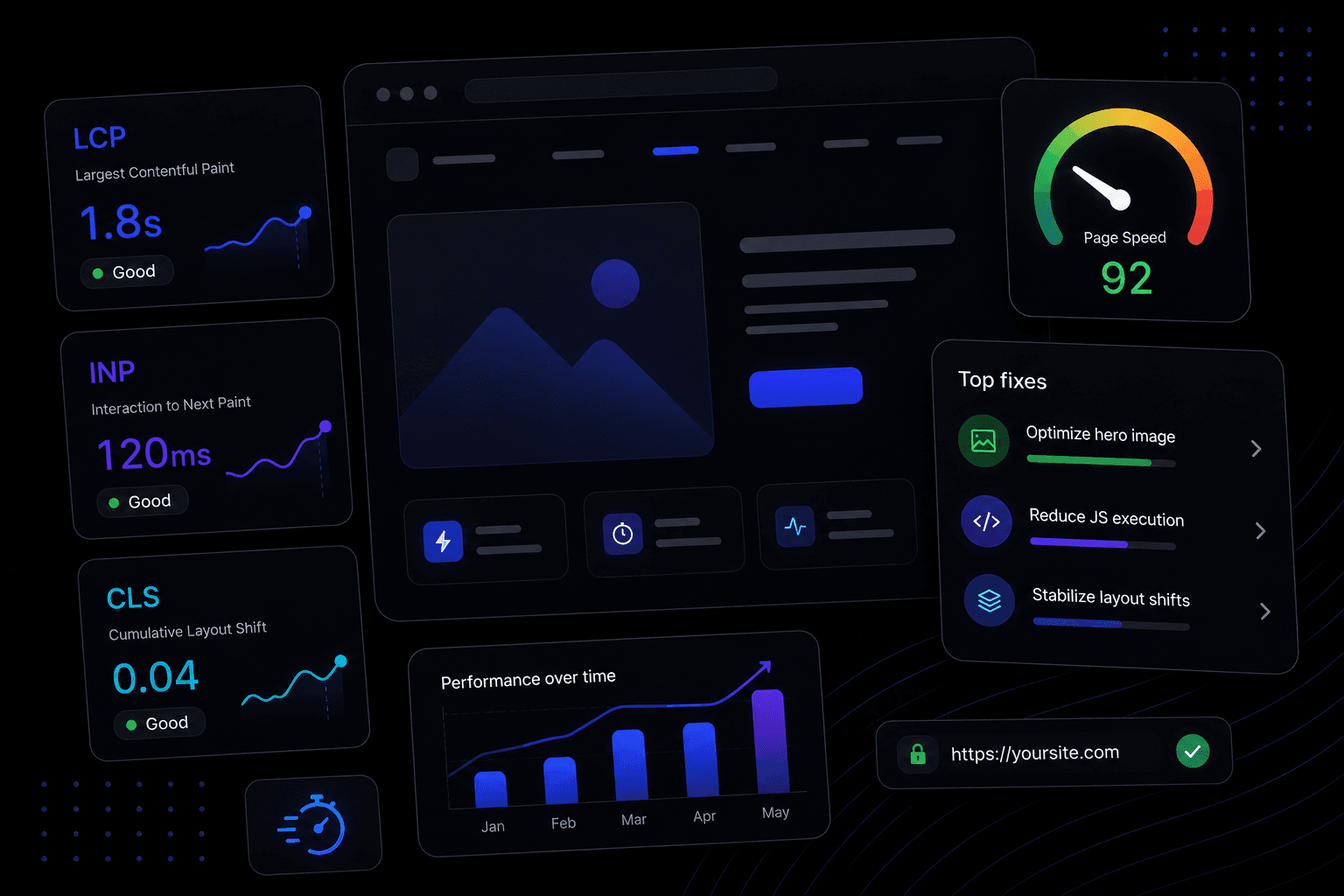 Isometric illustration of Core Web Vitals on a dark background: LCP, INP and CLS score cards, a page speed gauge at 92, a performance-over-time chart, and a list of top fixes