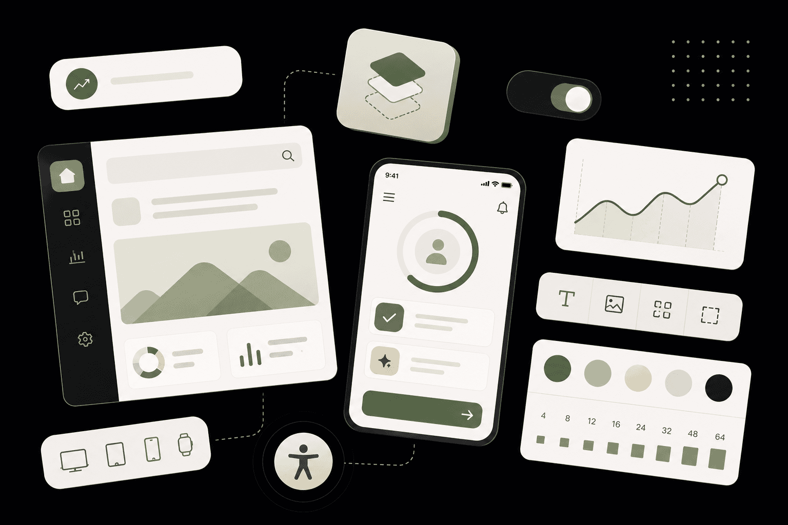 Isometric illustration of UI/UX design system elements on a dark background: a dashboard, a mobile app screen, an accessibility icon, a colour and spacing scale, and editing tools