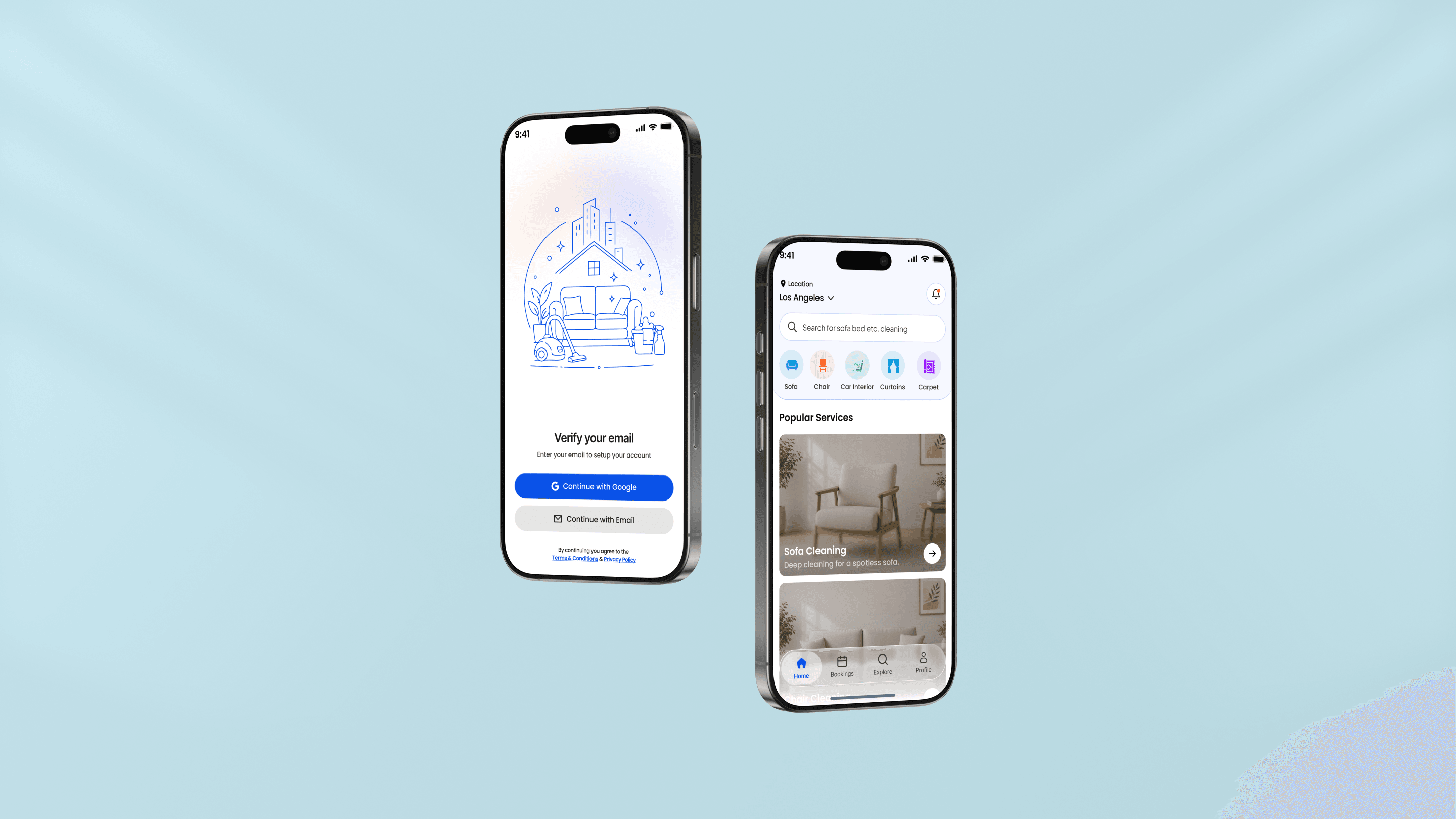 Cleaning services booking app: onboarding and home screens