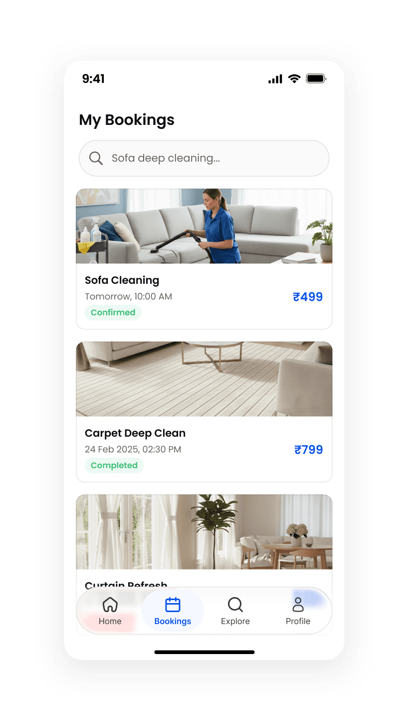 Cleaning app bookings list showing each job with its date, price and a confirmed or completed status pill