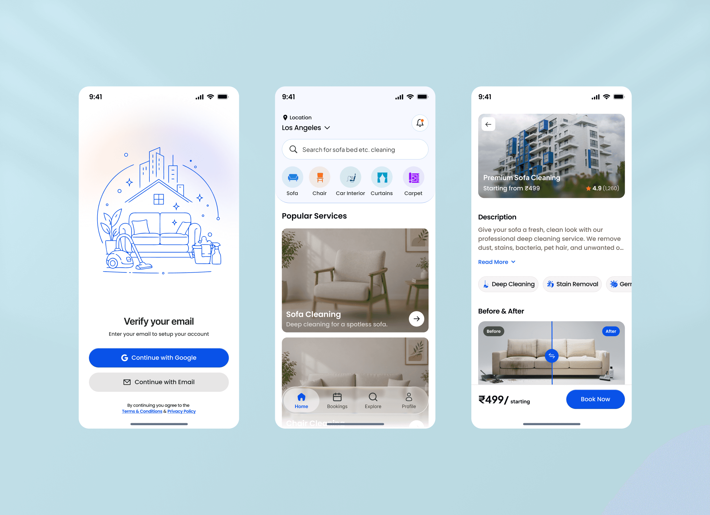 Cleaning app onboarding, home and service detail screens shown together