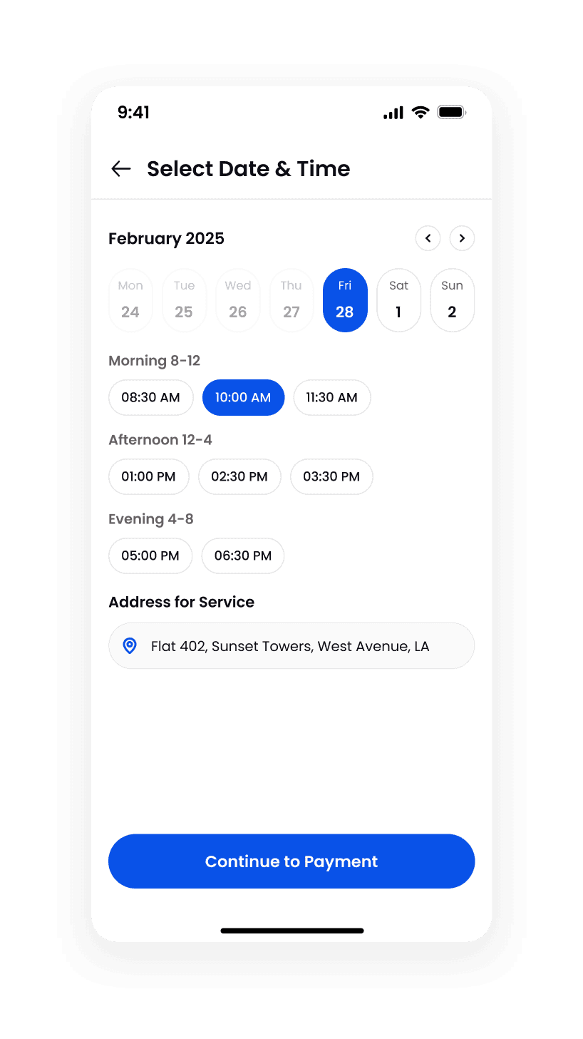 Cleaning app date and time picker with a week strip, morning, afternoon and evening slot groups and the saved service address