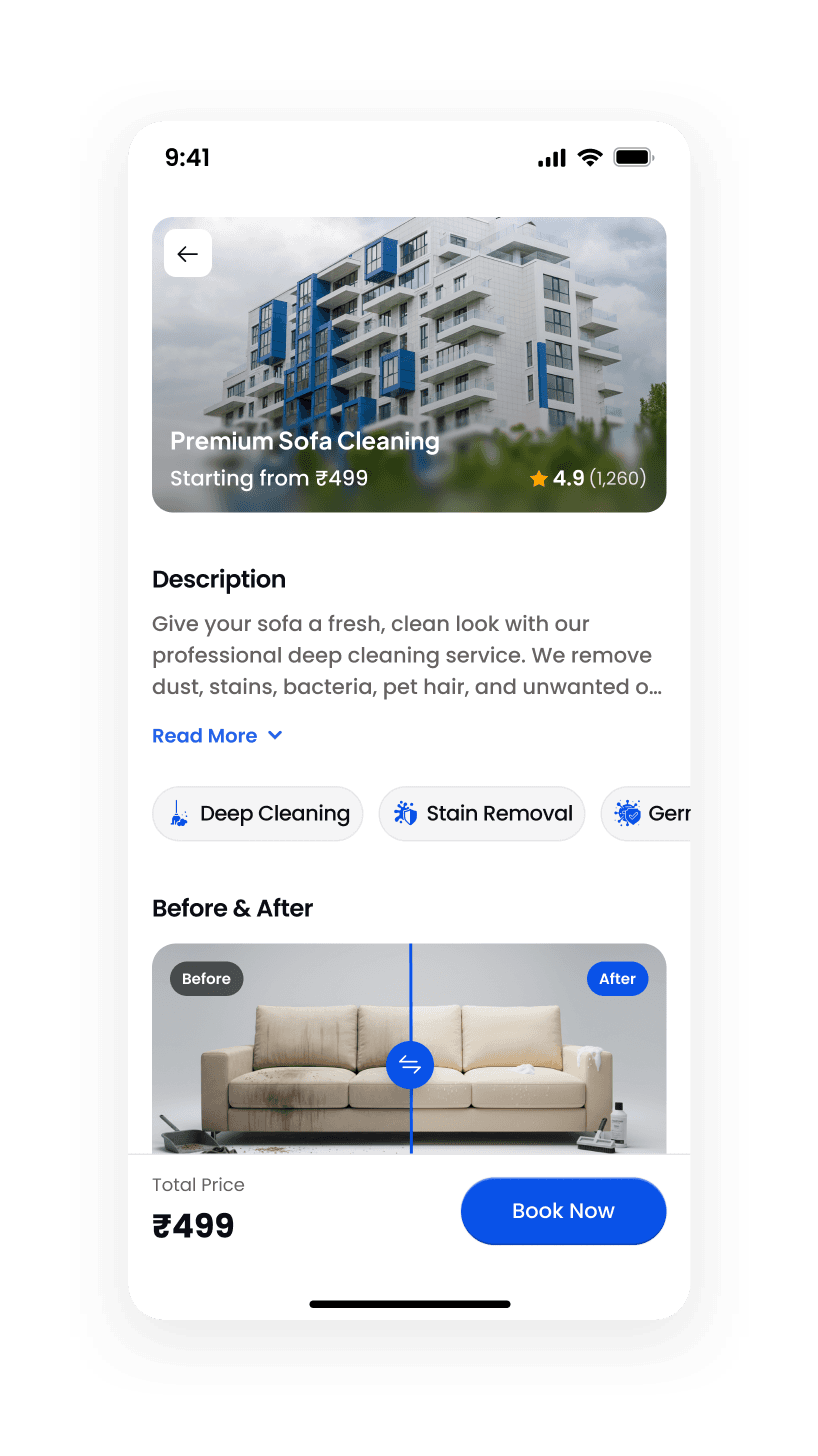 Cleaning app service detail screen with rating, description, tags, a before-and-after slider and a sticky total price
