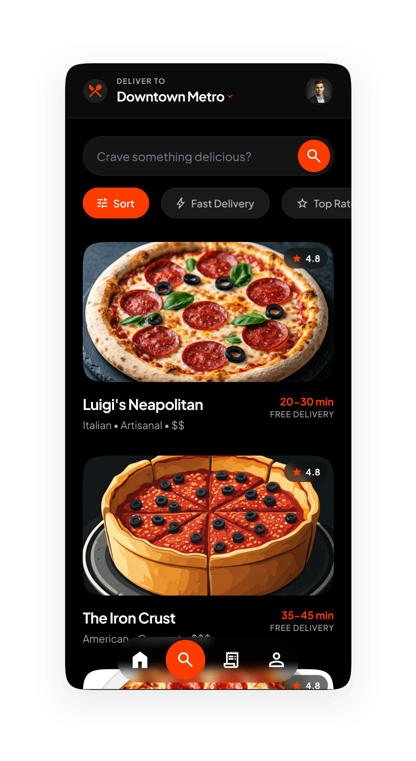 Crave restaurant list with sort and delivery filters, ratings and delivery times