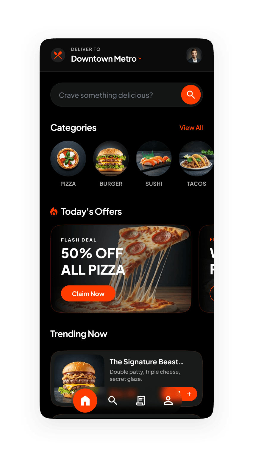 Crave home screen with categories, a flash-deal carousel and trending dishes
