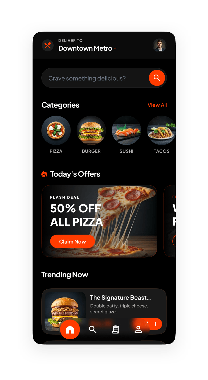 Crave home screen with categories, a flash-deal carousel and trending dishes