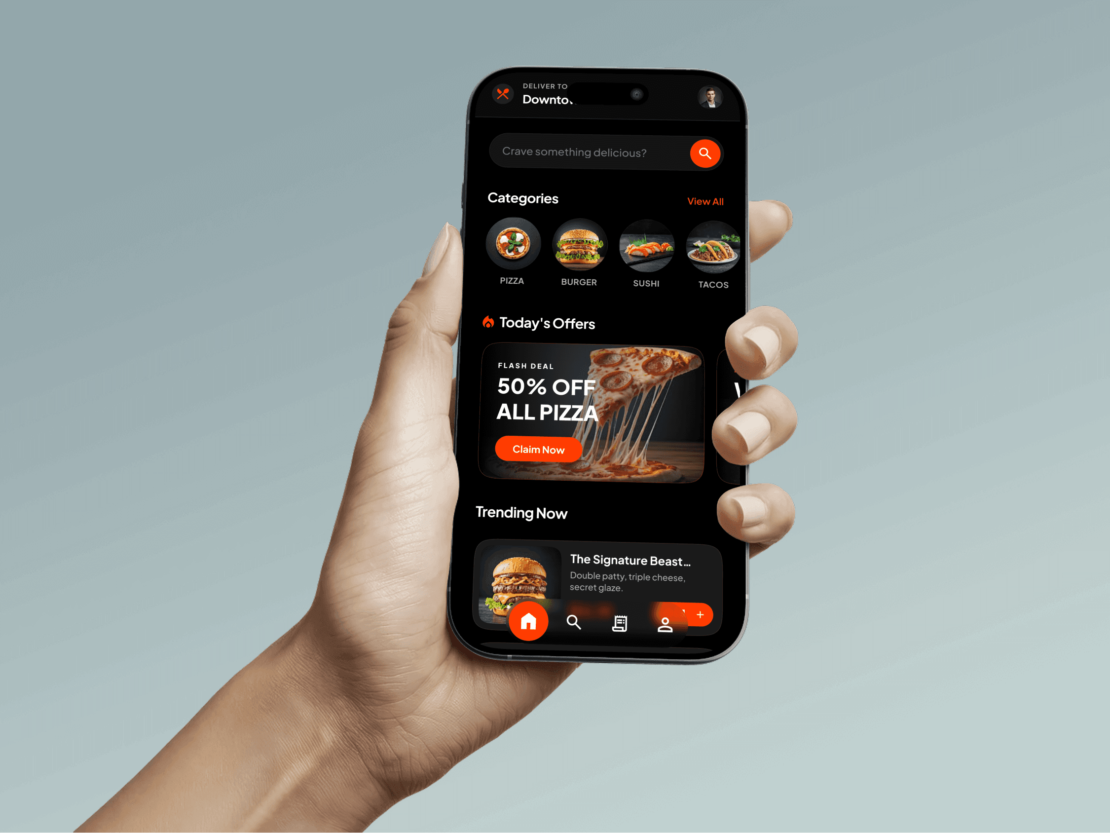 Crave food delivery app running on a phone held in one hand