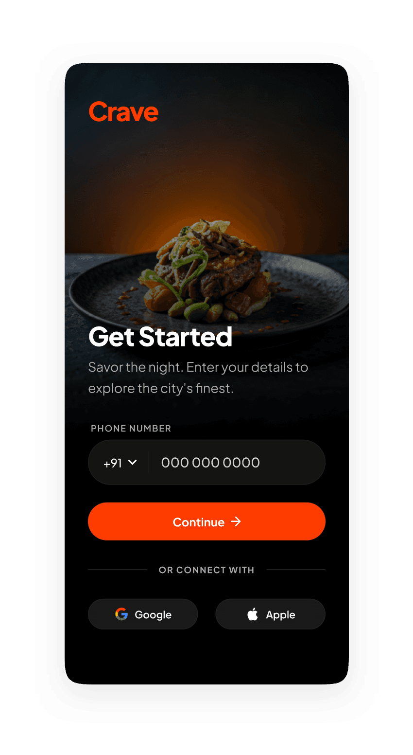 Crave sign-up screen in dark mode