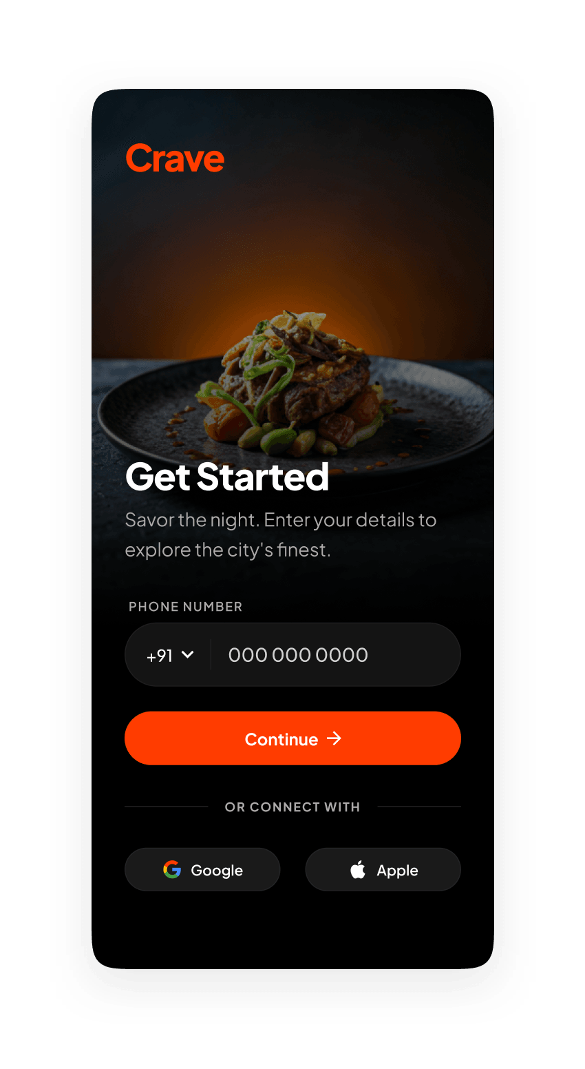 Crave sign-up screen in dark mode