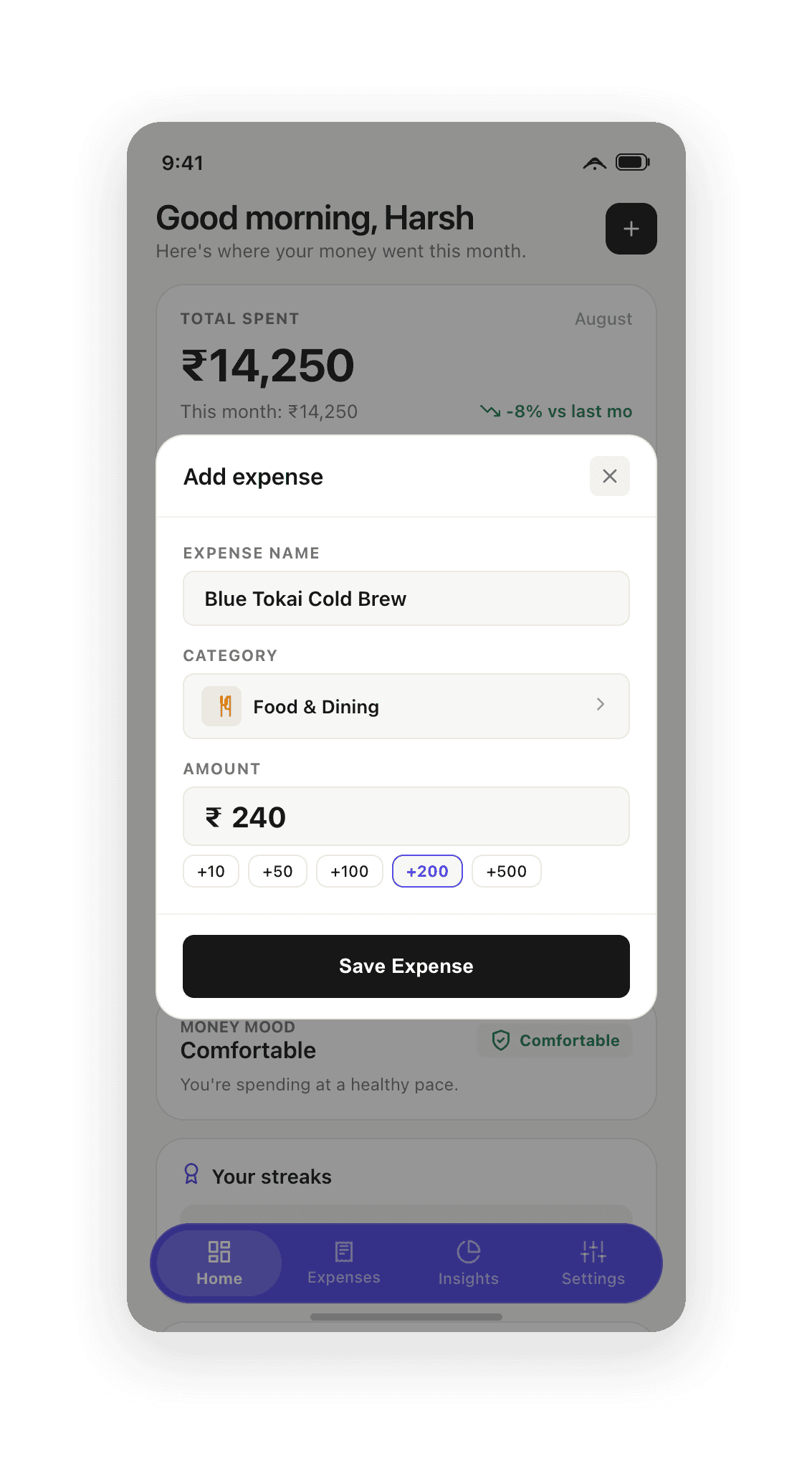 Quick expense modal with 3x3 category grid and one-tap quick-increment amount pills