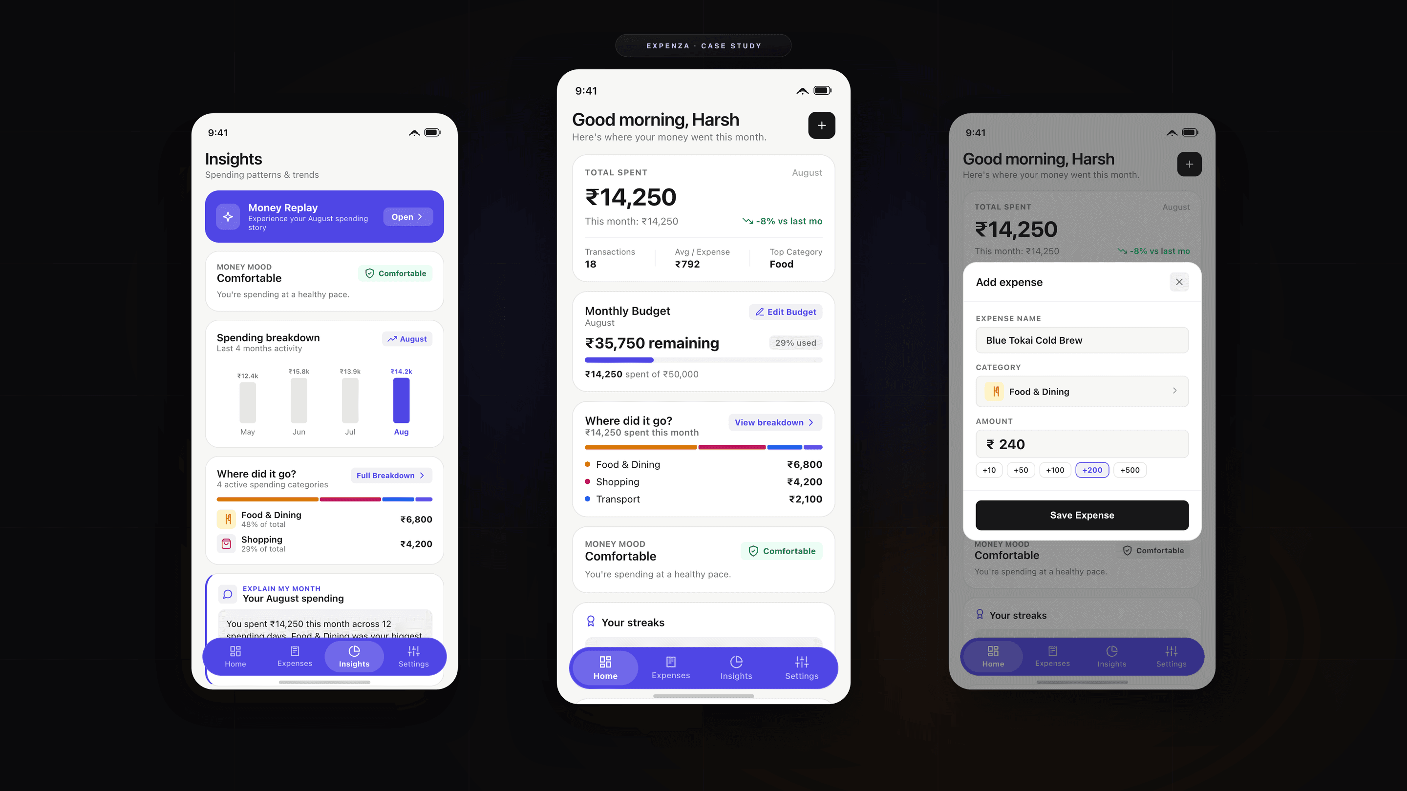 Expenza mobile expense tracker: Home dashboard, Shake-to-Add quick modal, and behavioral analytics overview