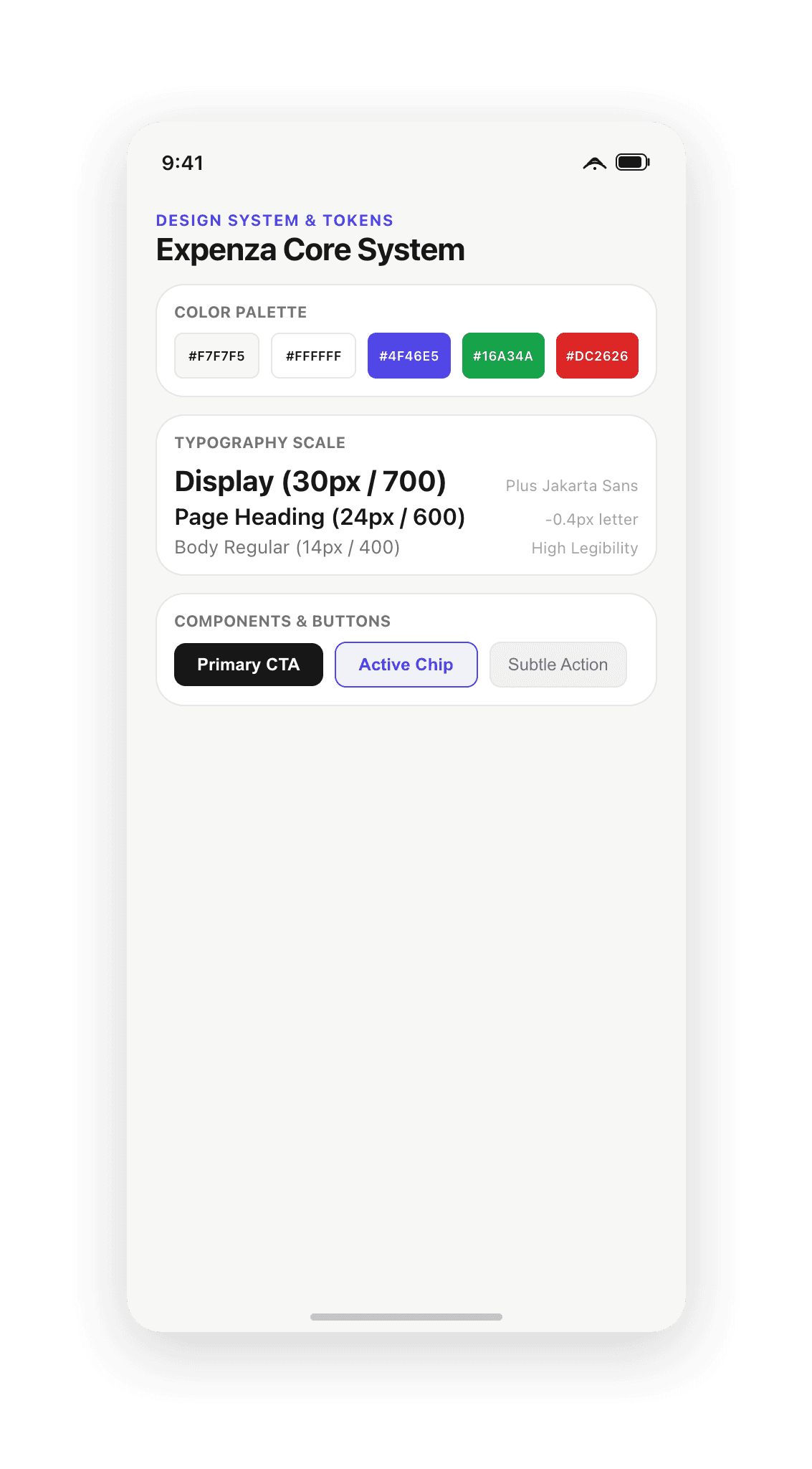 Expenza tokenized design system: typography hierarchy, semantic category colors, and card layouts