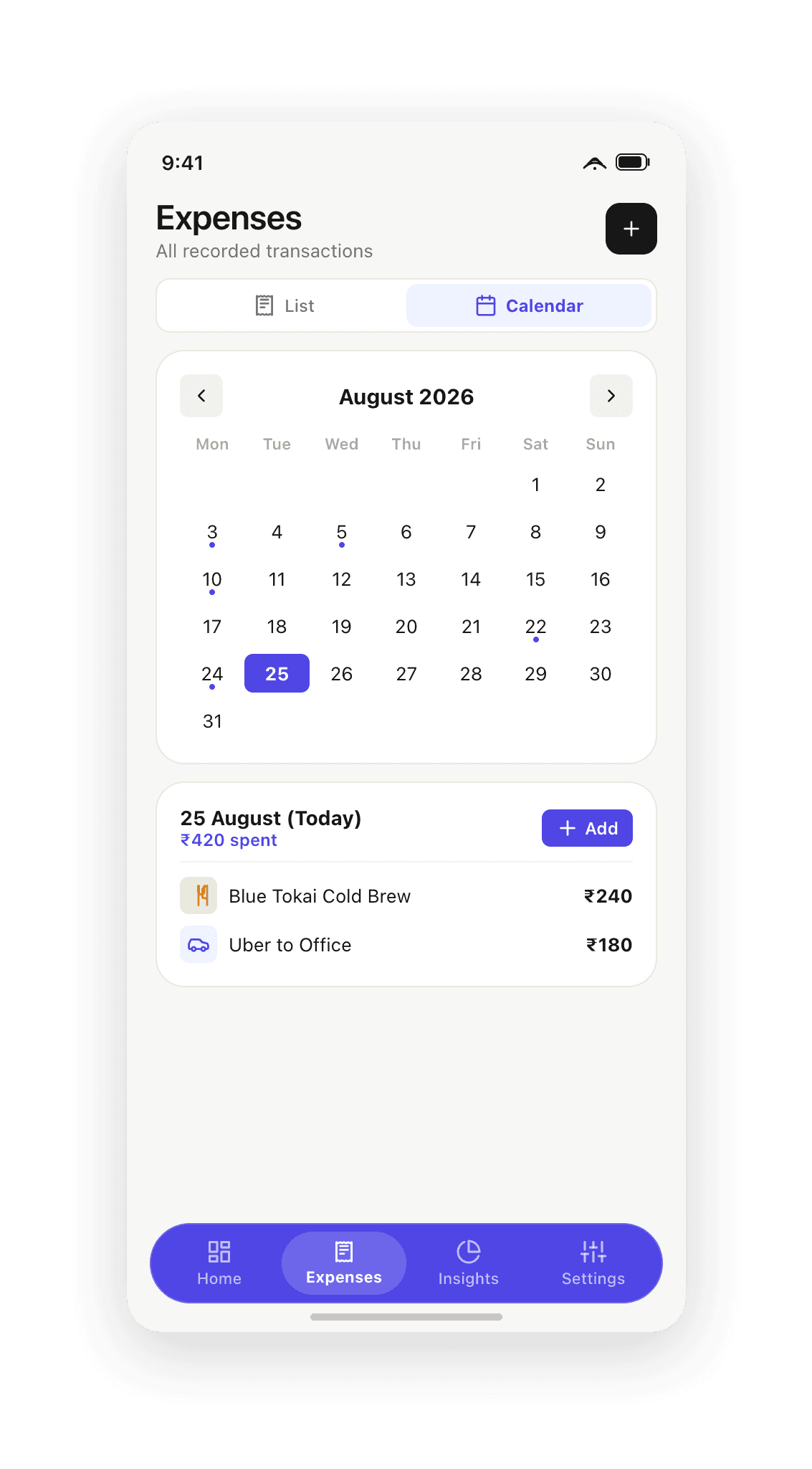 Interactive calendar view with spending indicator dots and day transaction inspection card