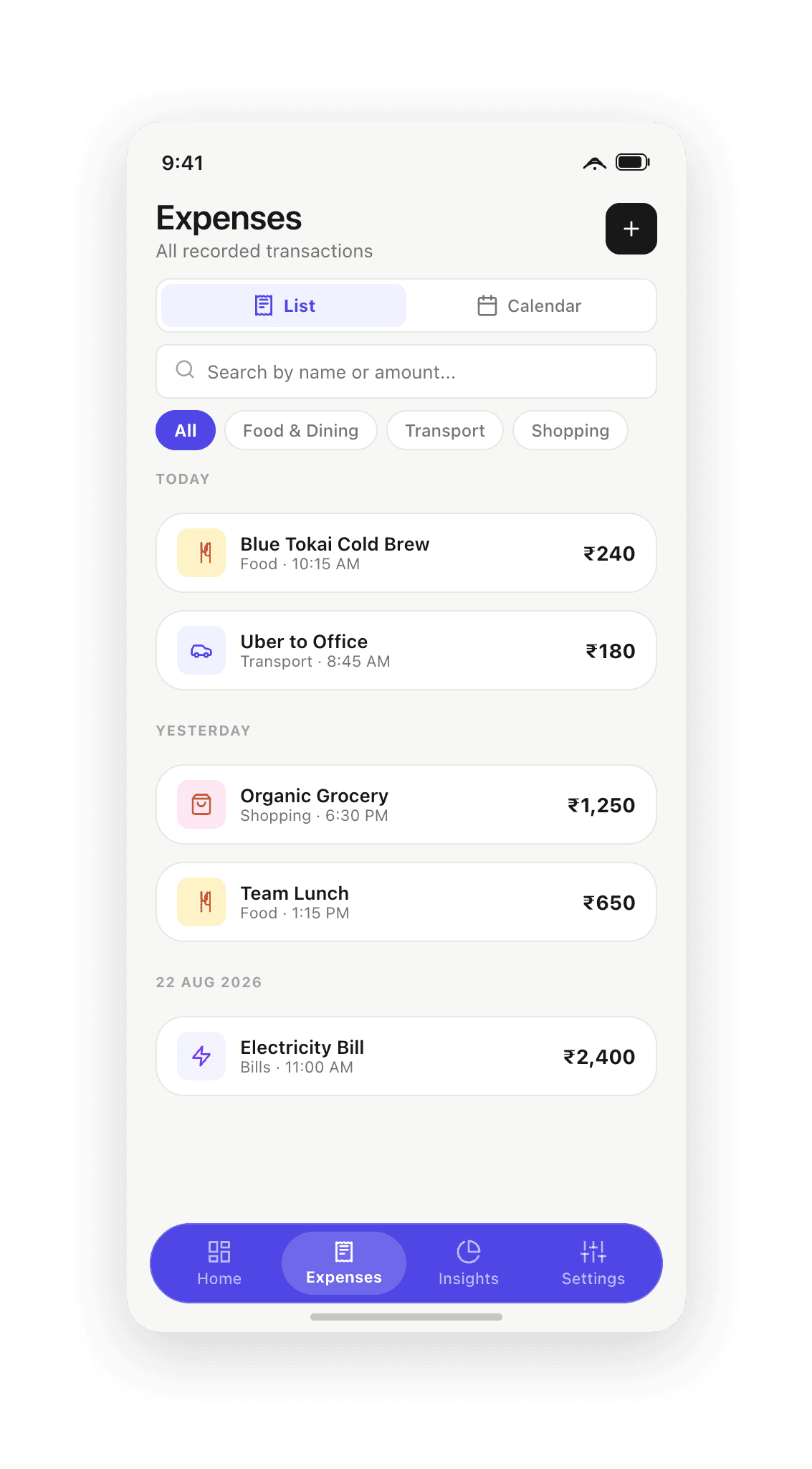 Chronological transaction list with date sectioning, category filter pills, and live search