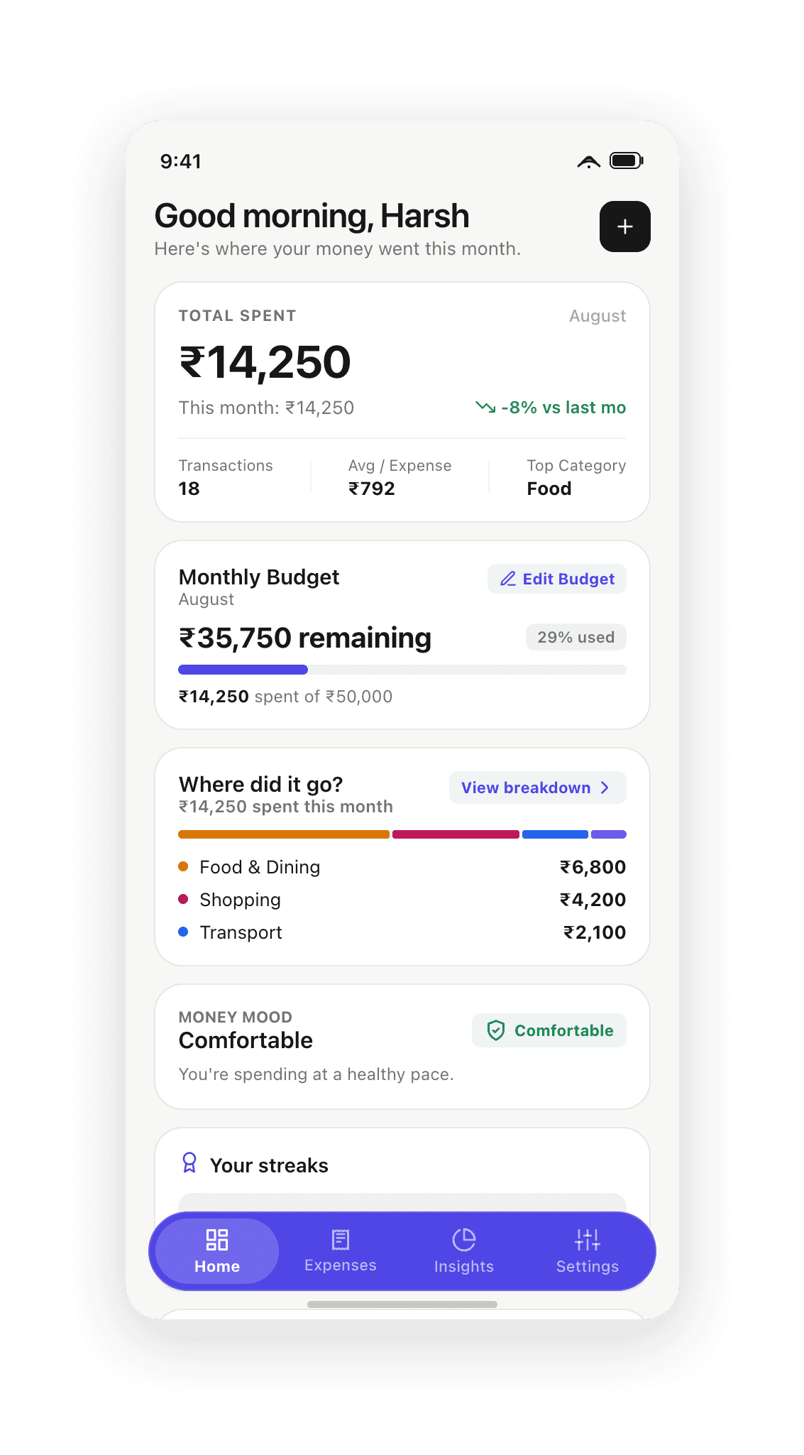 Expenza home dashboard showing hero balance, budget progress bar, where did it go breakdown, and spending streaks