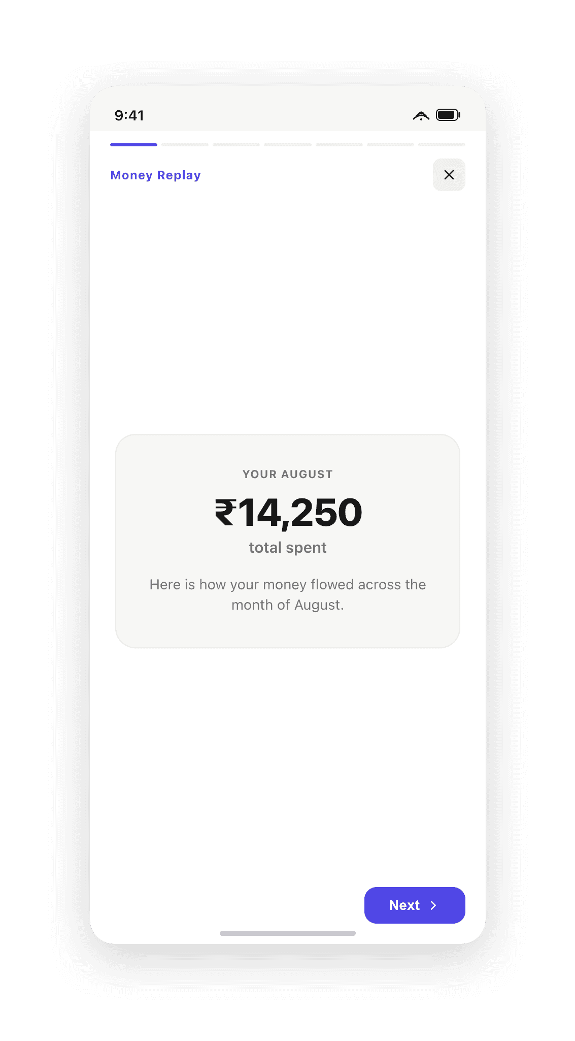 Money Replay story screen providing an Instagram-style monthly financial reflection narrative