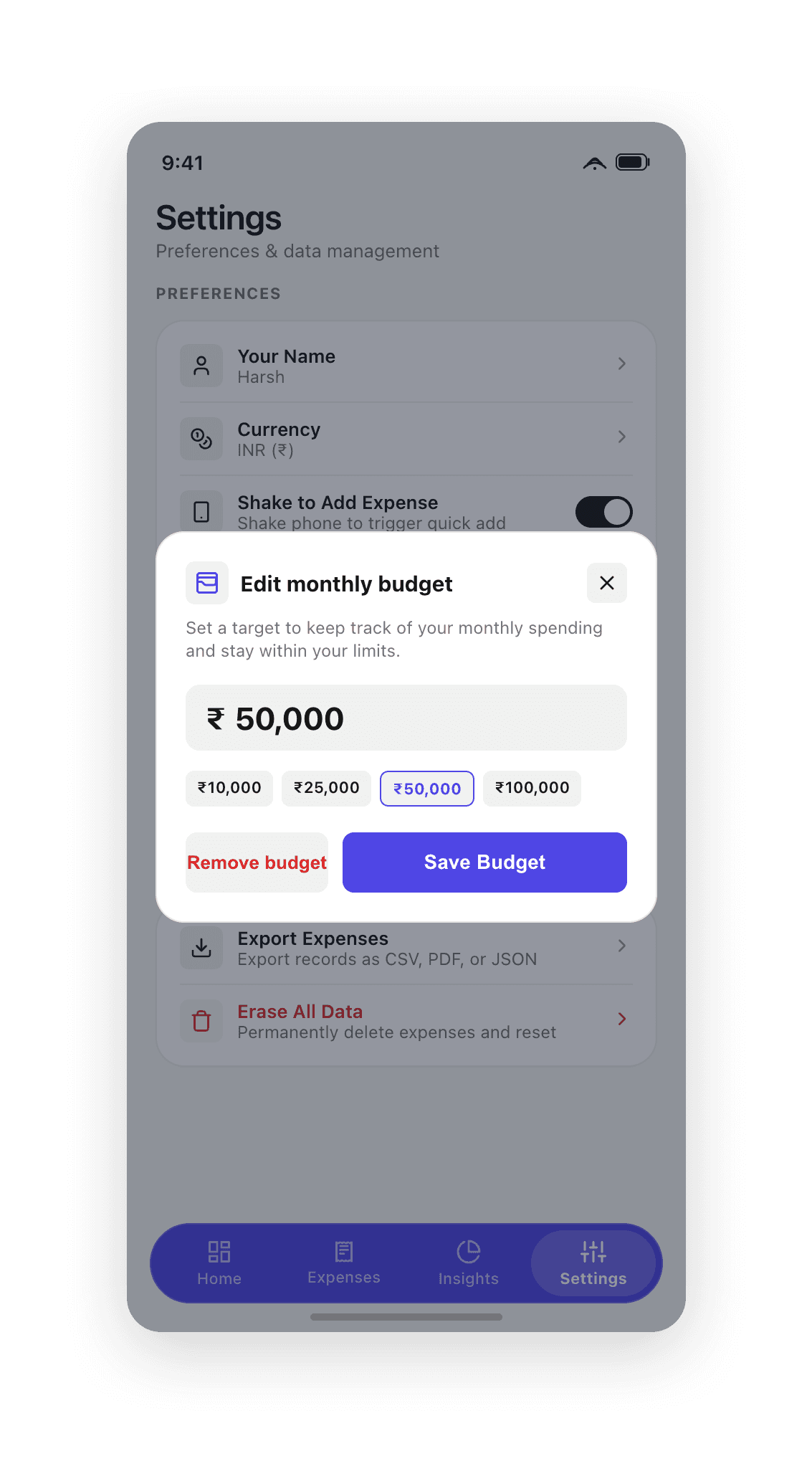 Monthly budget configuration with numerical input and quick preset chips