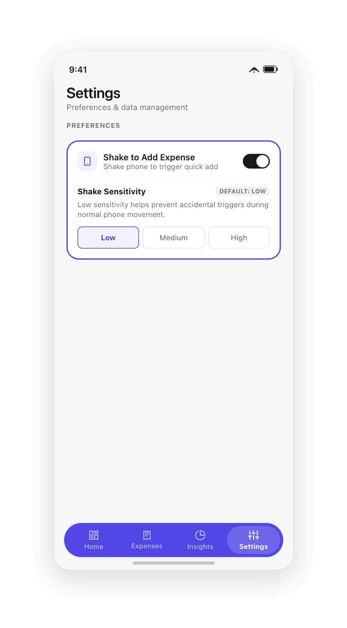 Shake-to-Add sensitivity configuration screen with threshold calibration and permission badges