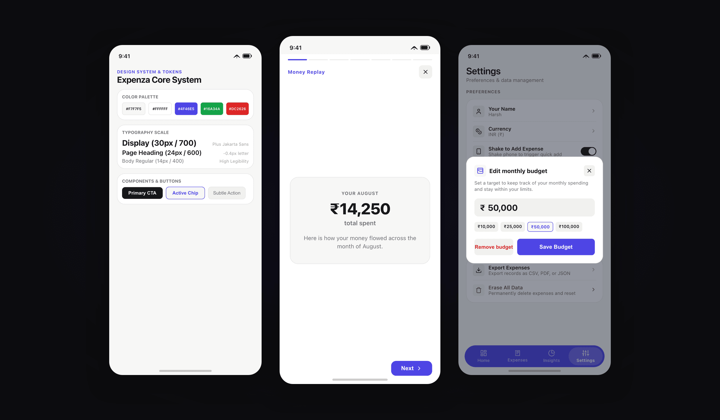 Expenza mobile design system, money replay story card, and budget calibration showcase