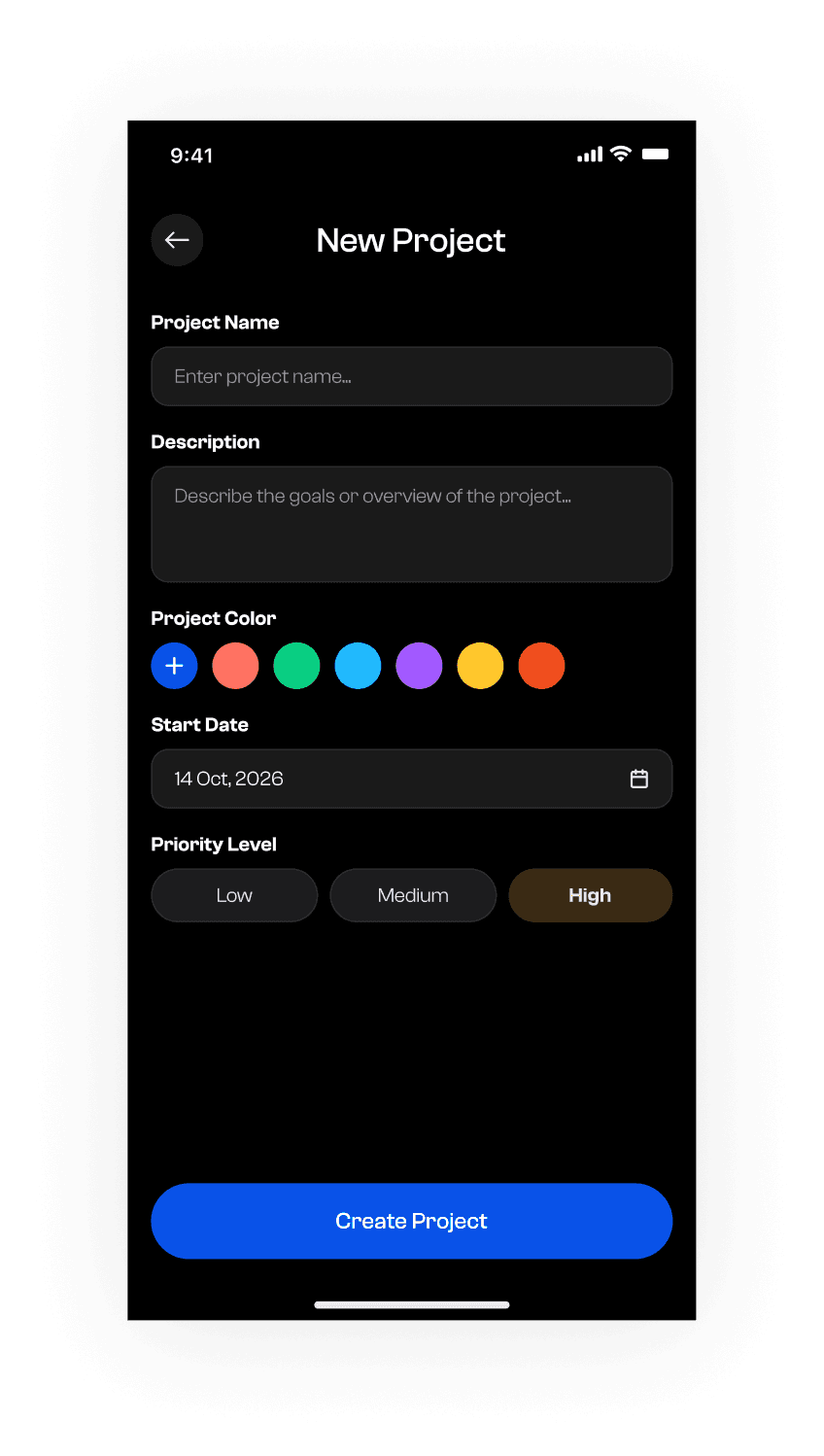 Zenith add-project screen in dark theme