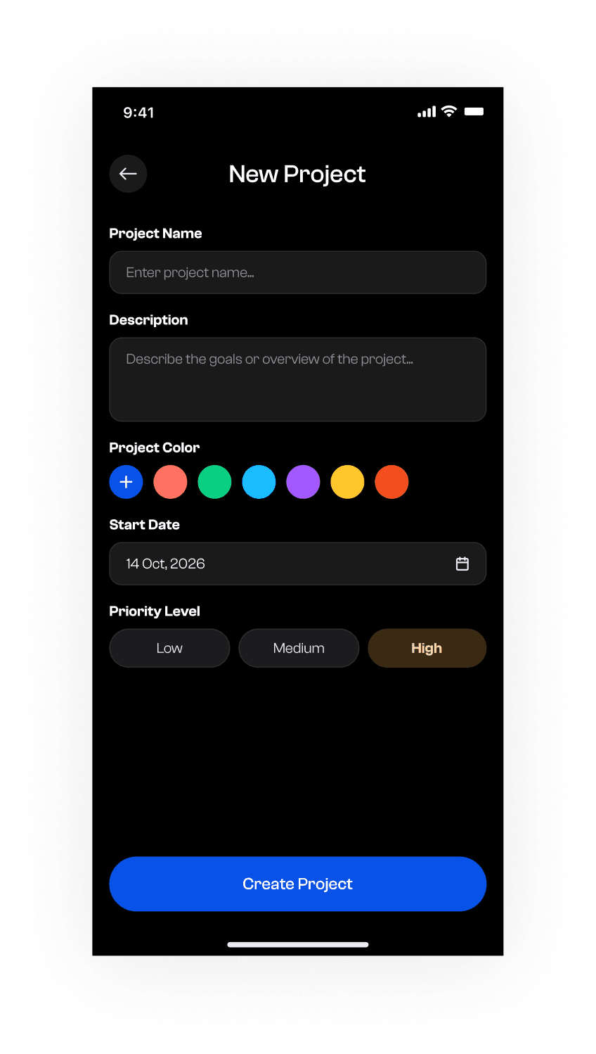 Zenith add-project screen in dark theme