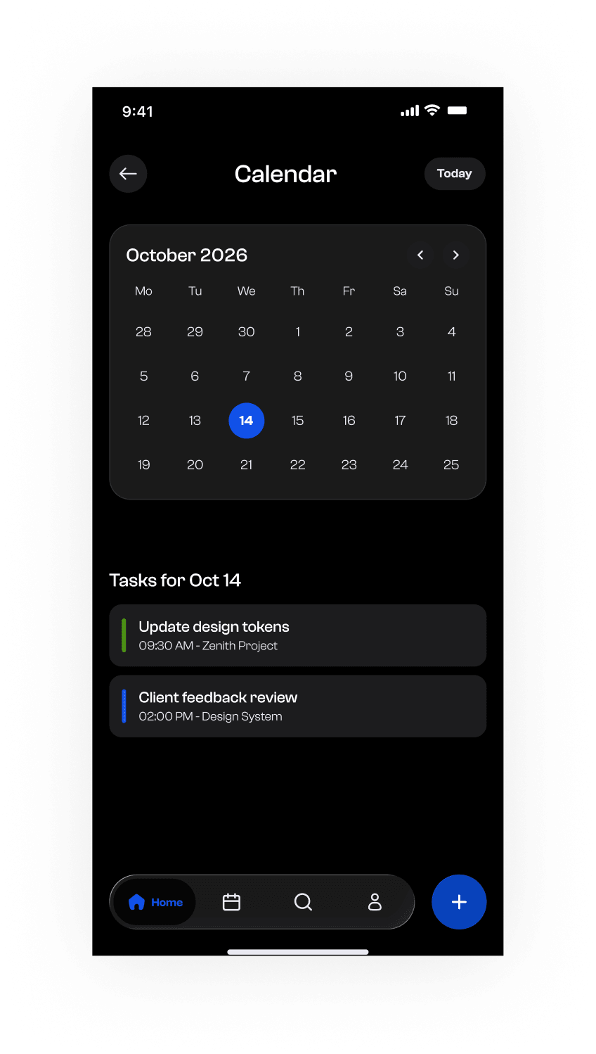 Zenith calendar view screen