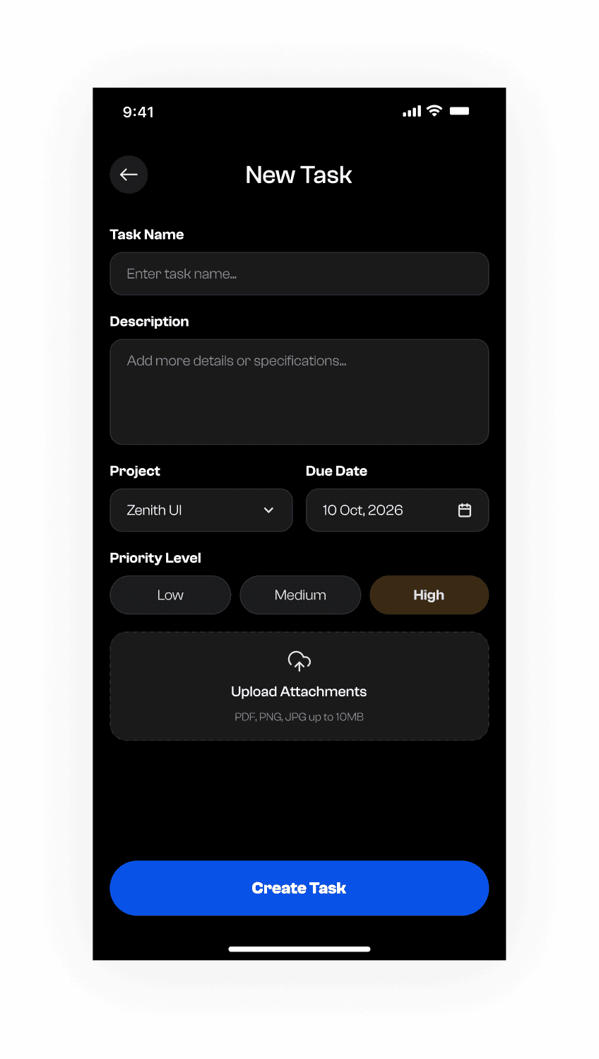 Zenith create-new-task screen