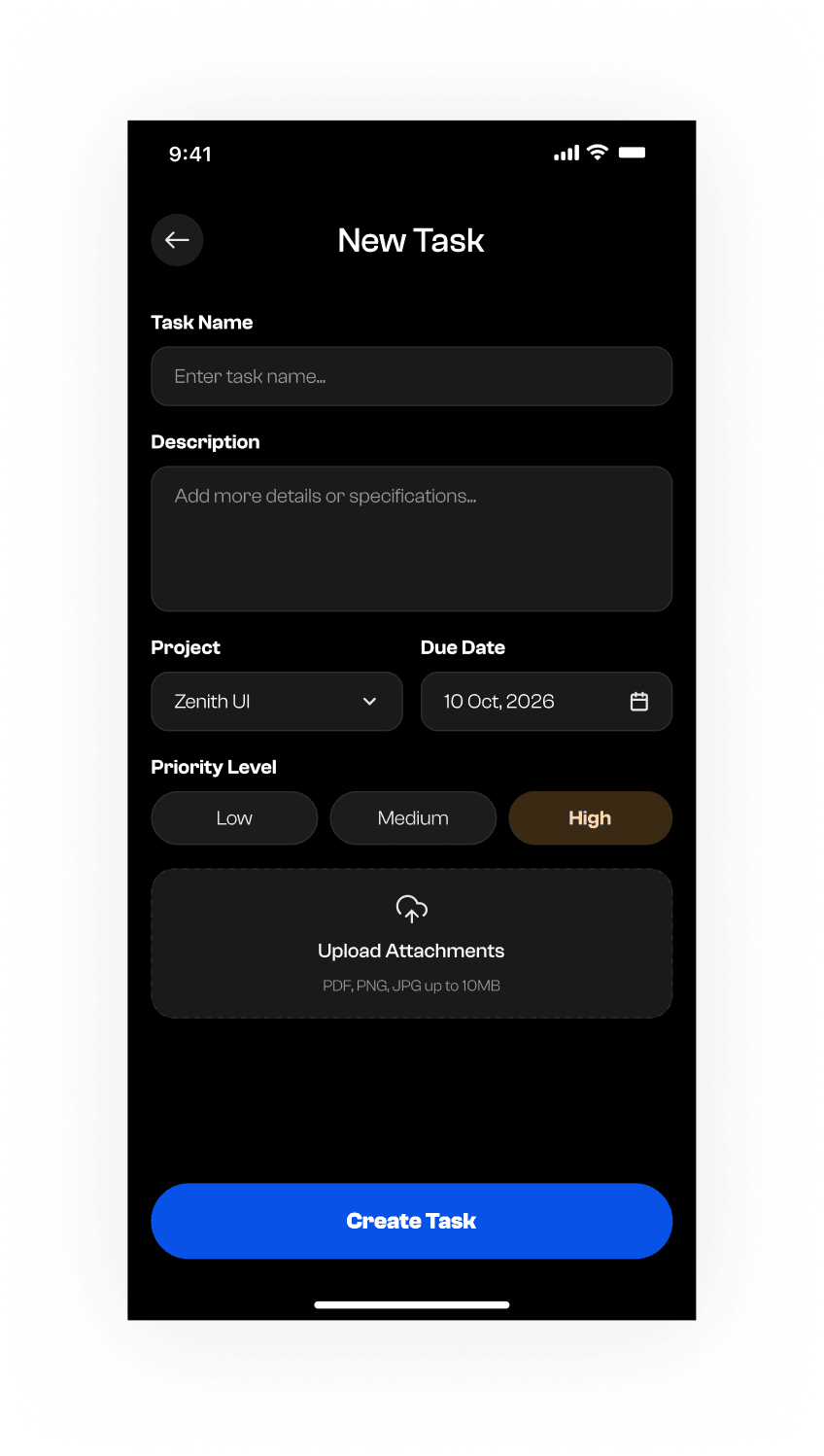 Zenith create-new-task screen