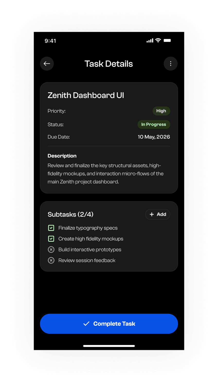 Zenith task detail screen with priority, status, due date and a subtask checklist