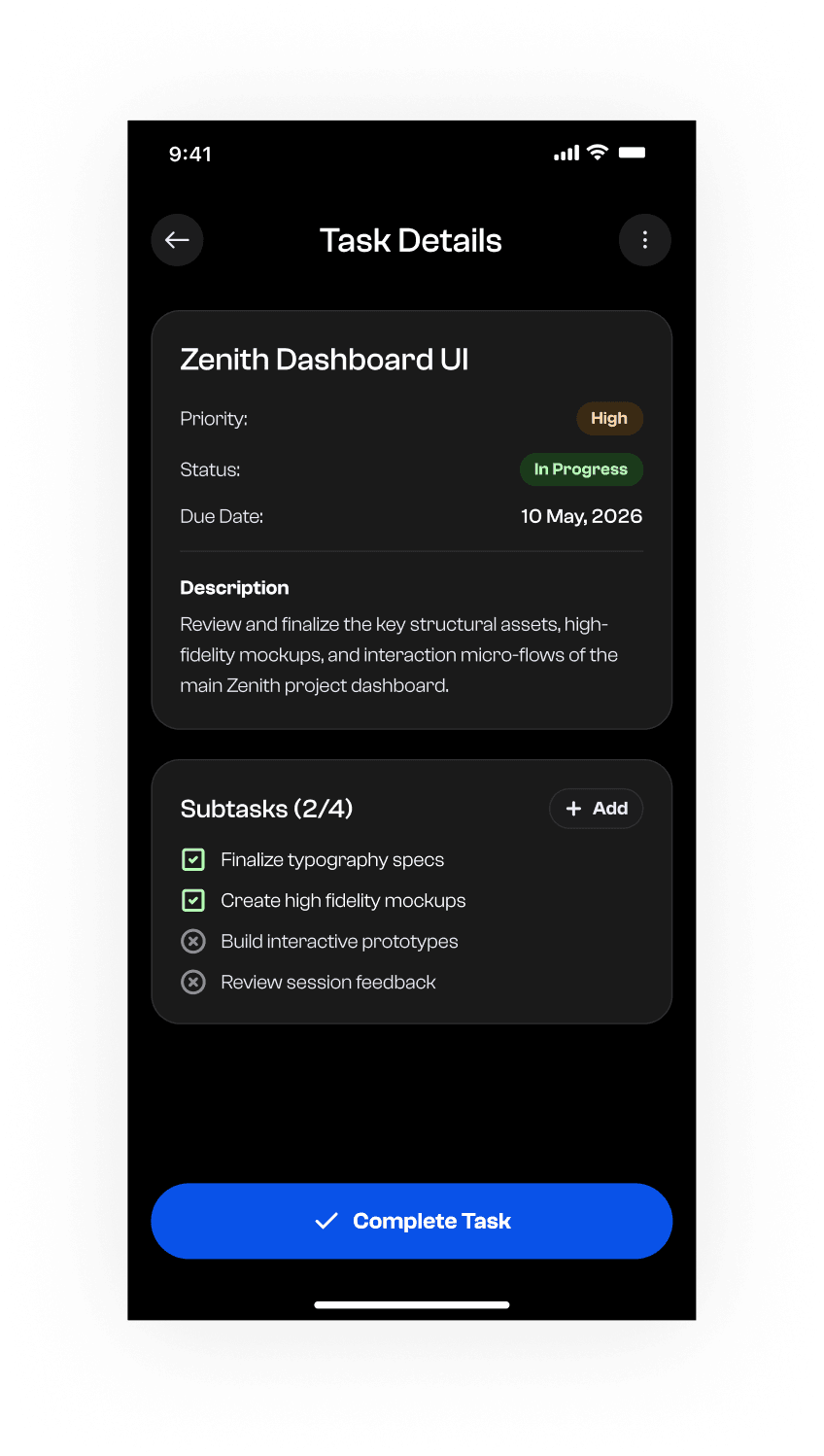Zenith task detail screen with priority, status, due date and a subtask checklist