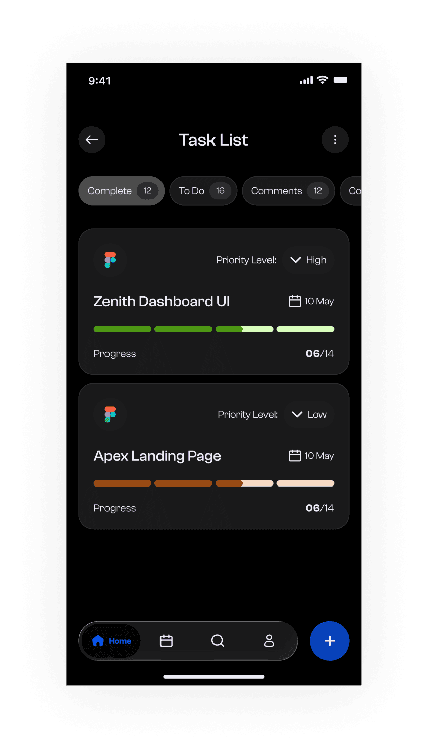 Zenith task list in dark theme with filter chips and segmented progress bars