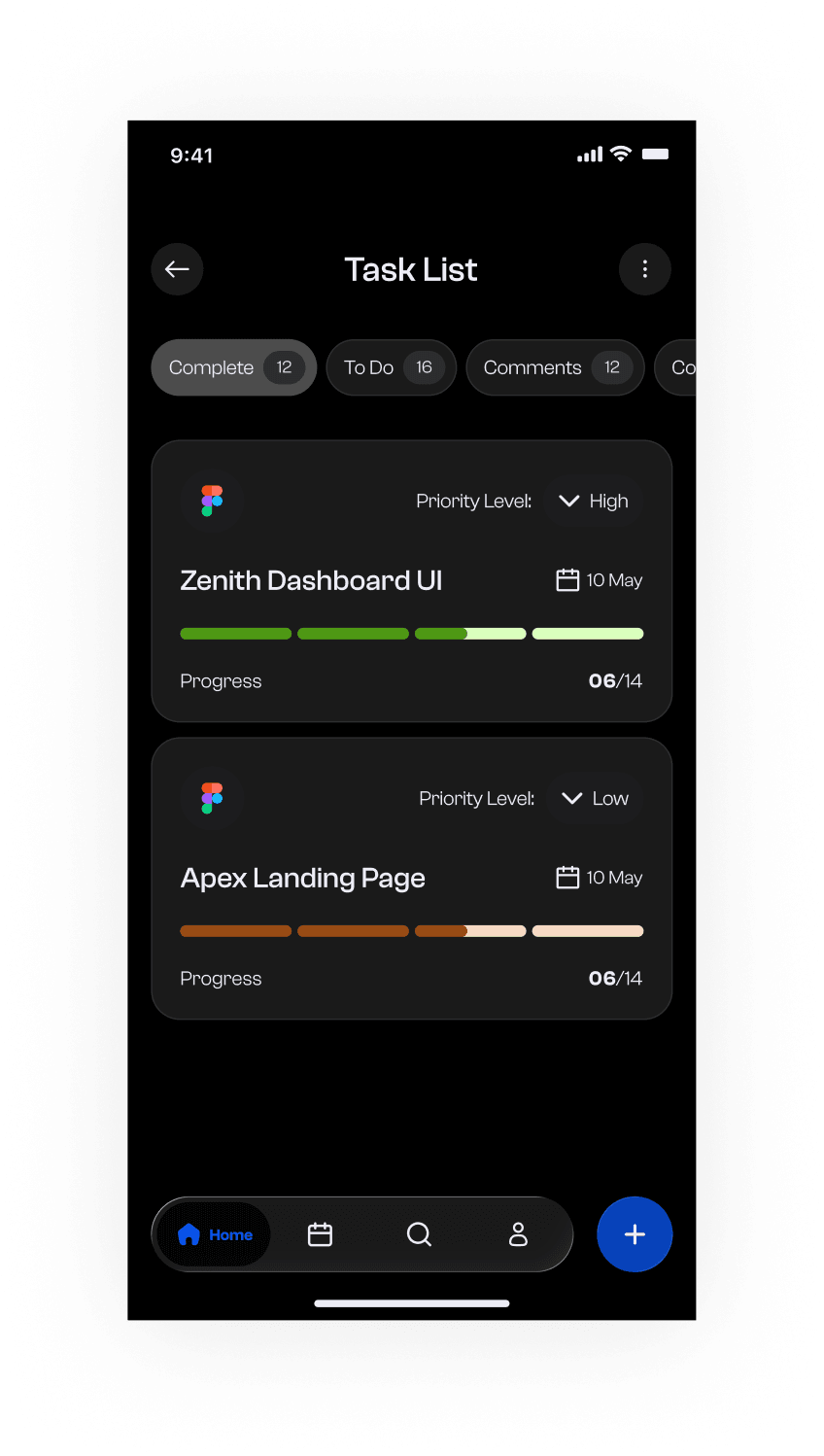 Zenith task list in dark theme with filter chips and segmented progress bars